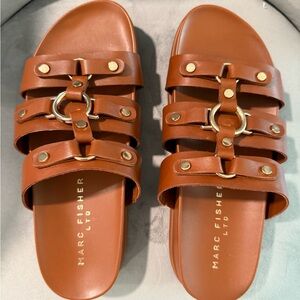 Marc FisherBROWN  Slide Sandals with Gold Accents